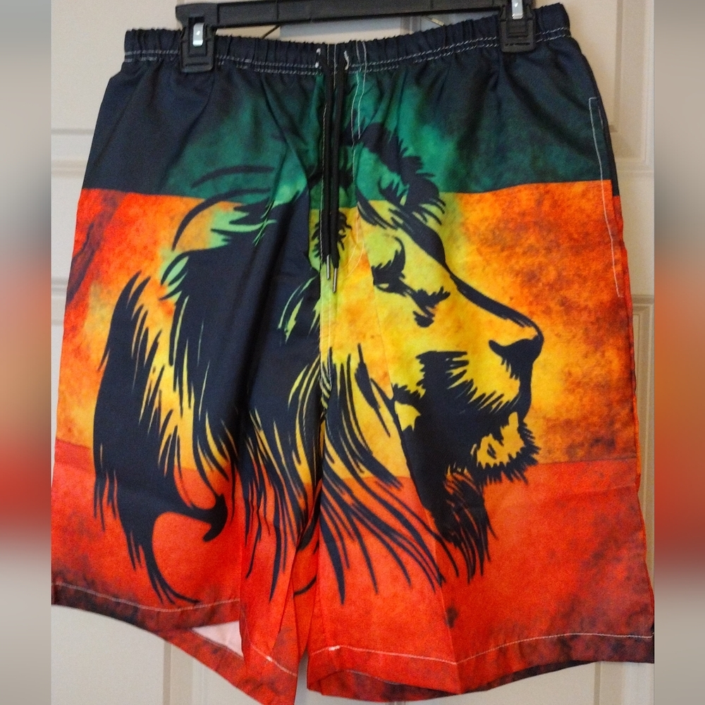 Men's Lion Graphic Swim Shorts in Red/Orange/Green